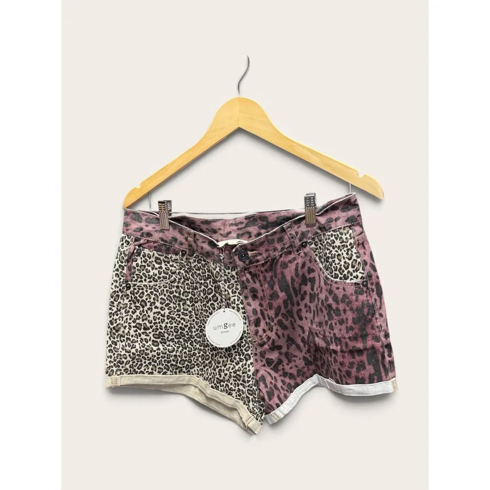 Umgee Denim Women Animal Print Colorblock Shorts Pink Purple Leopard Cheetah 7